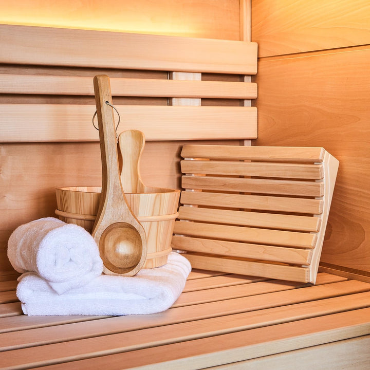 SUNNYDEALS klassisches Saunazubehörset | Saunaset 4-teilig aus naturbelassenem Holz | Saunaeimer &amp; K