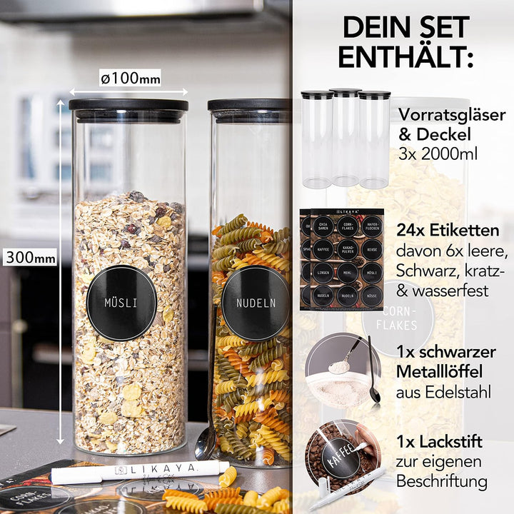 LIKAYA® Vorratsgläser 3er-Set – 2000ml Glasbehälter mit FSC® Pinienholz-Deckel | Inkl. Metalllöffel,
