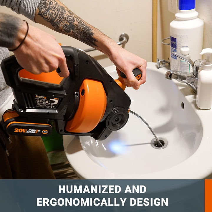 WORX Akku Abflussreiniger 18V(20V Max) PowerShare, 7,6 m Teleskopspirale, entstopft Rohre von 19-76