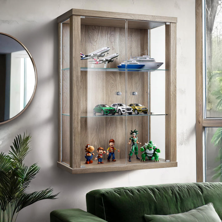 K-Möbel Hängevitrine Glas in Sonoma Eiche (80x60x25 cm) mit 2 höhenverstellbaren Glasböden - Modella