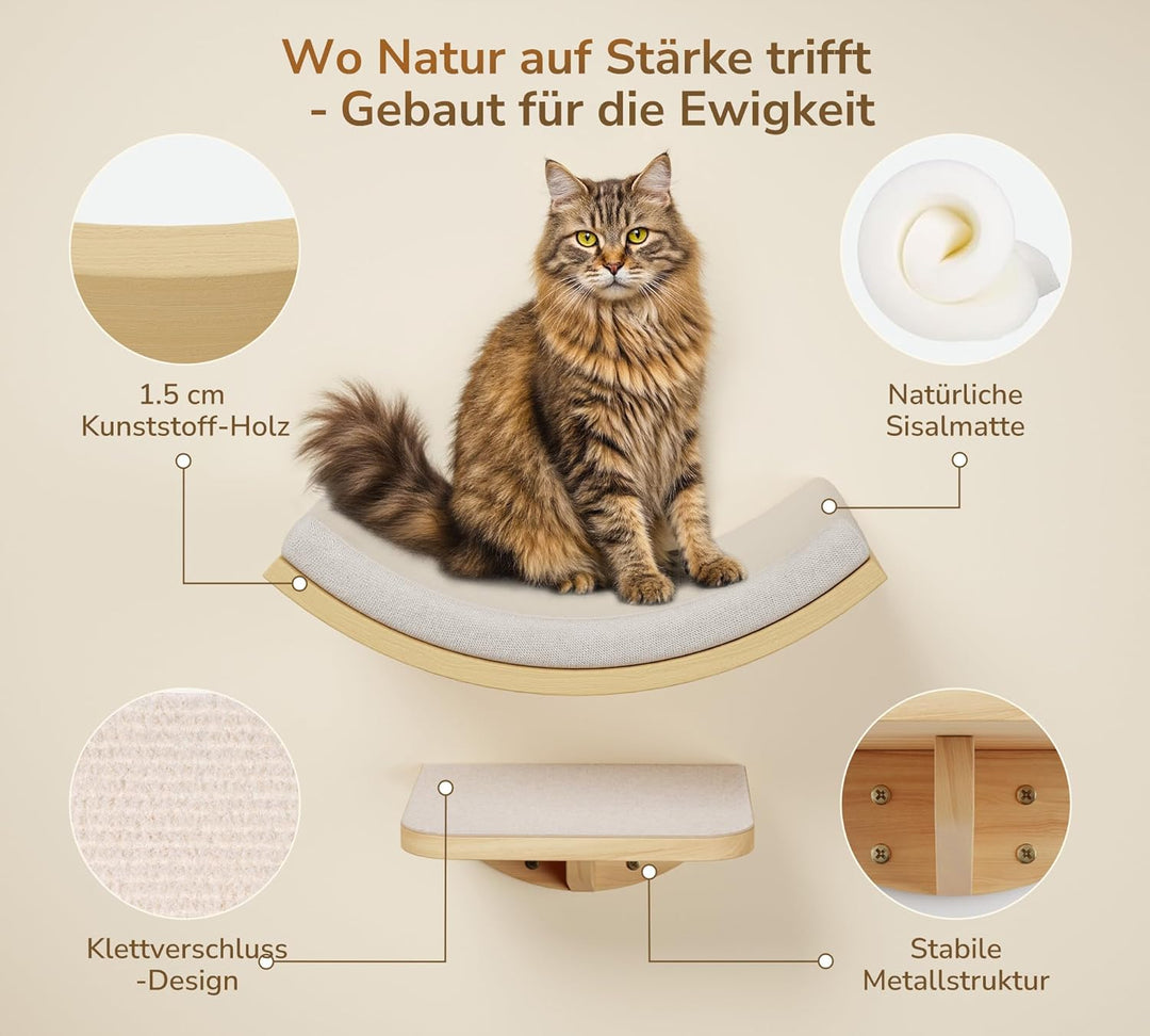 Katzen Kletterwand, Gebogenes Katzen-Wandregal mit Schaumstoffmatte, Wandmontiertes Massivholz Katze