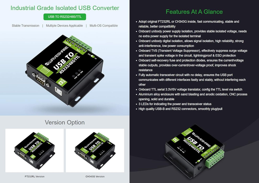 Waveshare USB to RS232/485/TTL Interface Converter Power and ADI magnetical Industrial Isolation