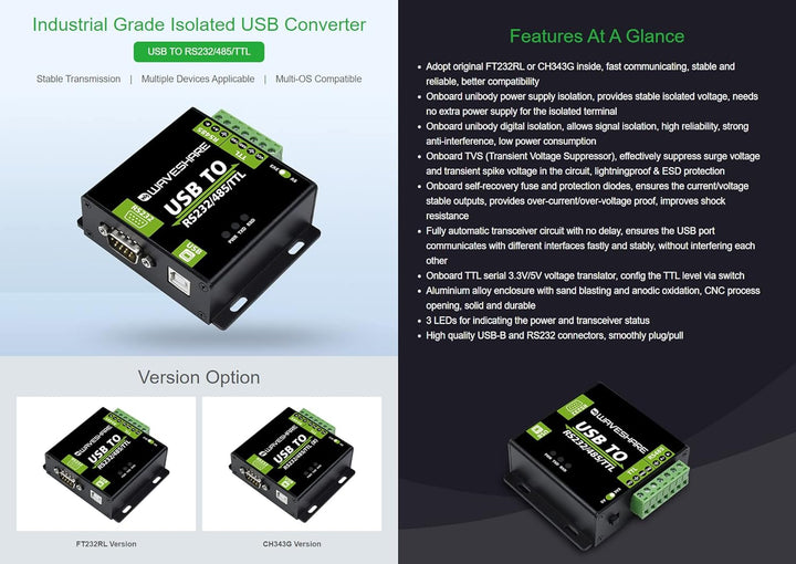Waveshare USB to RS232/485/TTL Interface Converter Power and ADI magnetical Industrial Isolation