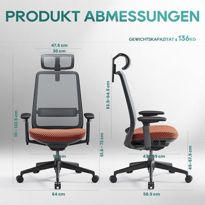COLAMY Ergonomischer Bürostuhl, Mesh Computerstuhl mit hoher Rückenlehne, Office Chair mit Lendenwir