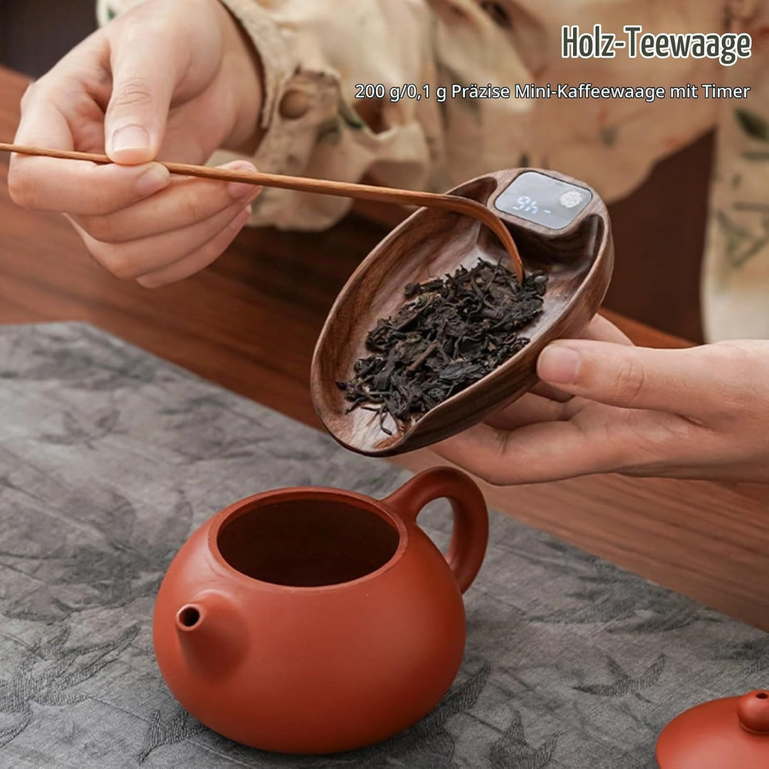 Mini-Kaffeewaage mit Timer, 200 G/0,1 G Genaue Teewaage aus Holz, Hochpräzise Wiederaufladbare Küche
