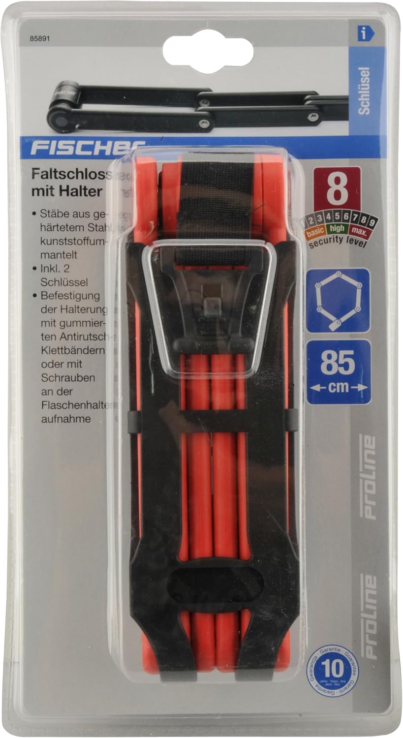 FISCHER Faltschloss inkl Halterung und 2 Sicherheitsschlüssel Rot 85 cm Single, Rot 85 cm Single