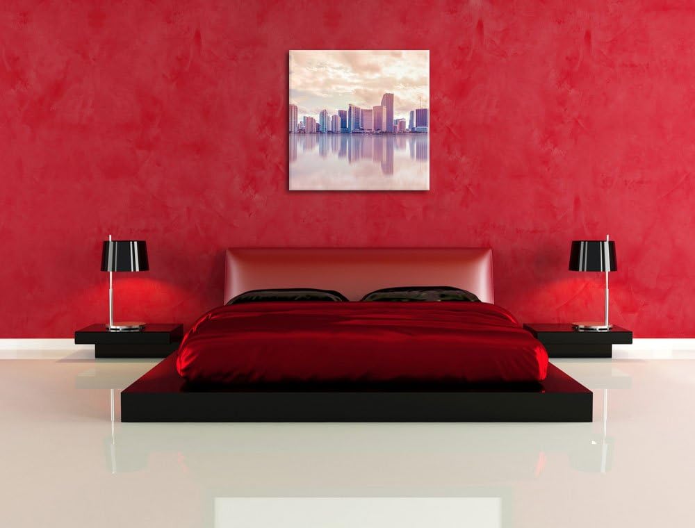 Pixxprint Miami Florida Skyline bei Sonnenuntergang, Format: 70x70 auf Leinwand, 70x70