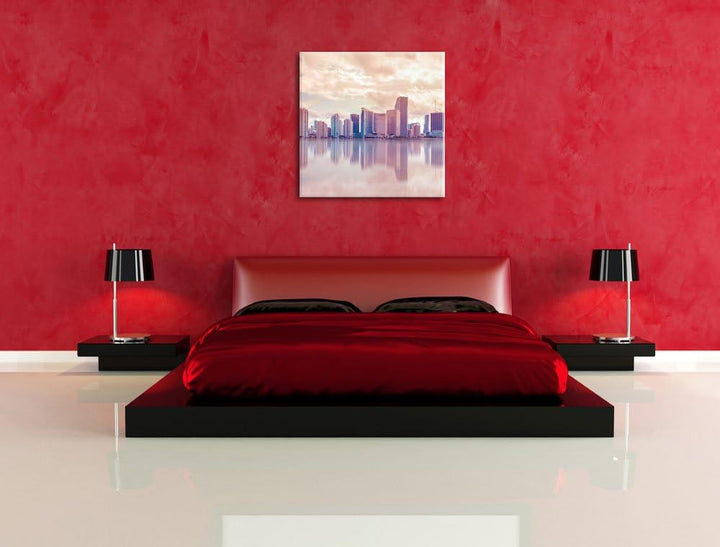 Pixxprint Miami Florida Skyline bei Sonnenuntergang, Format: 70x70 auf Leinwand, 70x70