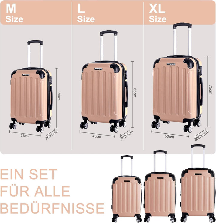 3er Kofferset - Robuste ABS- Hartschalenkoffer, TSA-Zahlenschloss, erweiterbare Kapazität - in M, L,