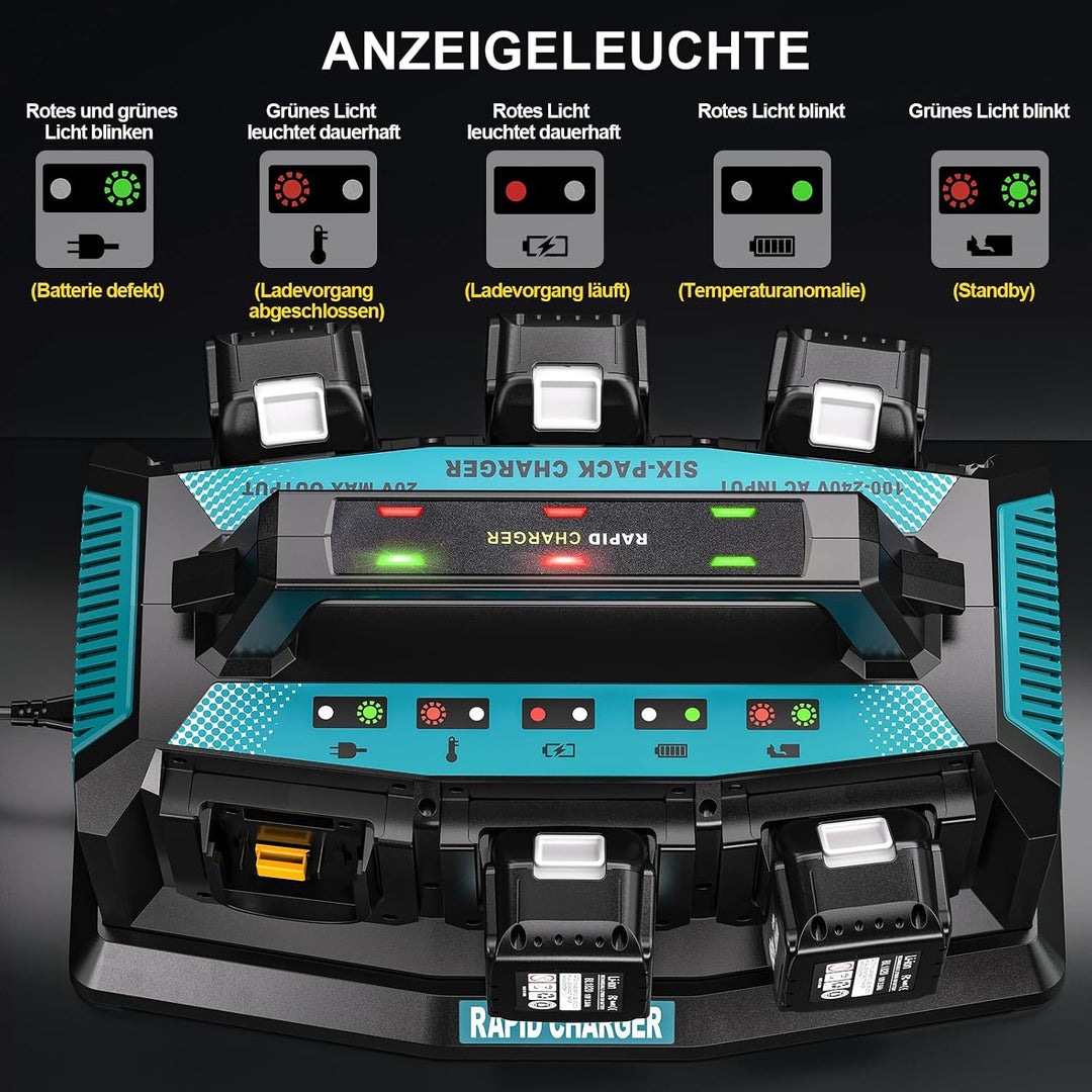 YEX-BUR 6-Ports Ladegerät für Makita 14,4v-18v Akku (Li-Ion, gleichzeitiges Laden von 6 x 18V Akkus,