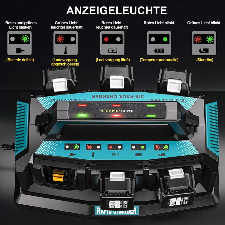 YEX-BUR 6-Ports Ladegerät für Makita 14,4v-18v Akku (Li-Ion, gleichzeitiges Laden von 6 x 18V Akkus,