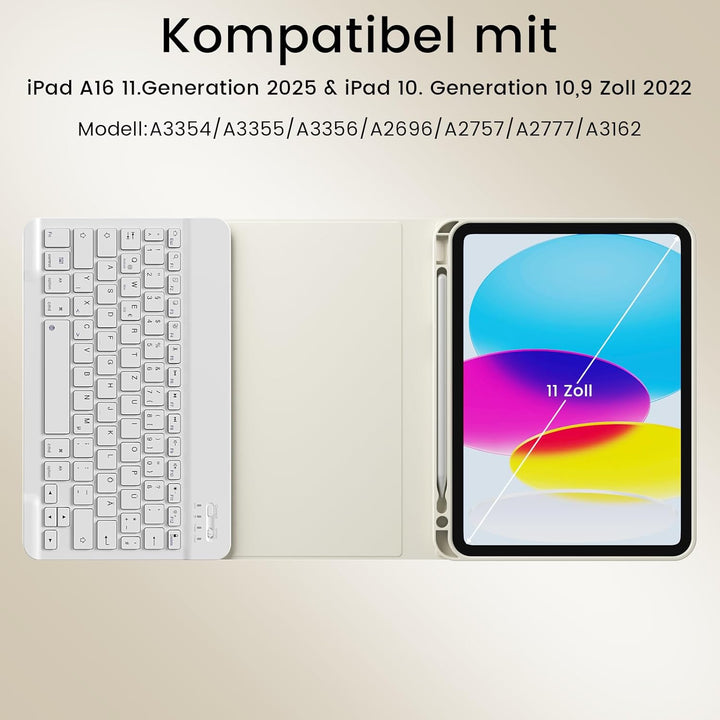 Hülle mit Tastatur für iPad A16 11./10. Gen 11/10.9 Zoll, Cremeweiss | mit Stifthalte, Magnetisch Ab