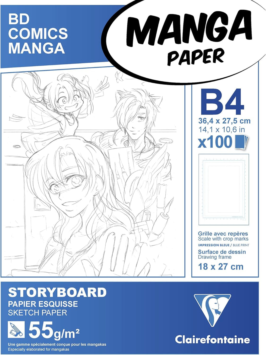 Clairefontaine 94039C Manga Block Storyboard (ideal für Zeichen von Manga und Multitechniken, DIN B4