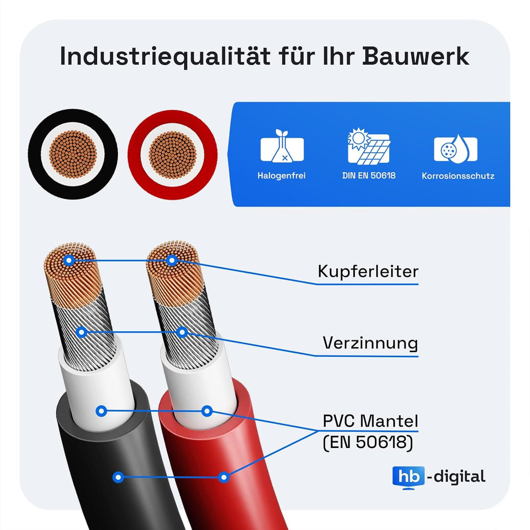 hb-digital 100m Solarkabel H1Z2Z2-K TÜV Rheinland geprüft 6mm2 UV-beständig flexibel PV Kabel Reines