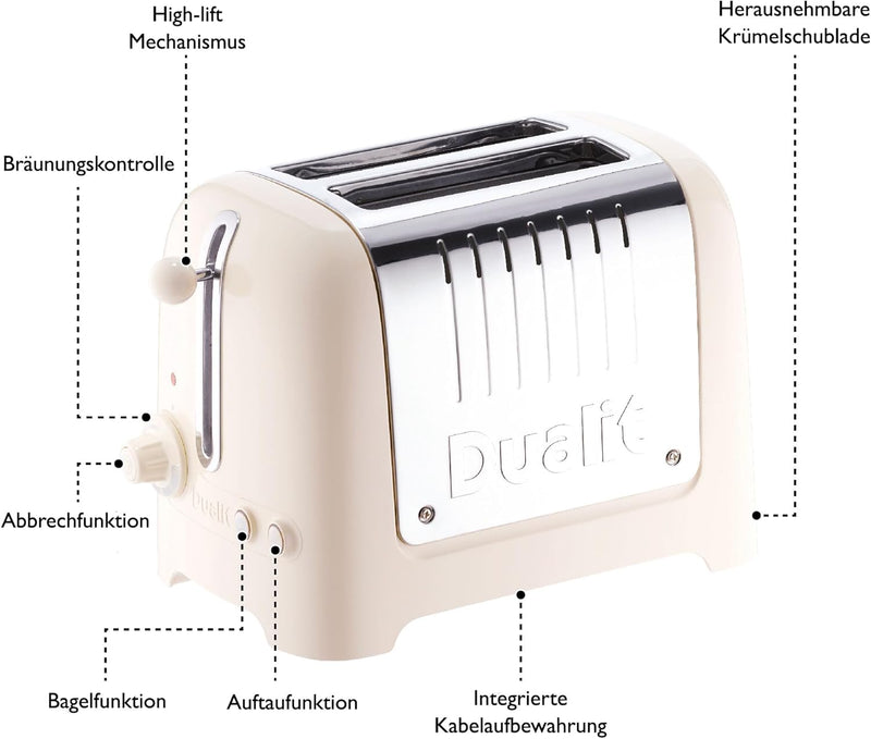 Dualit Lite 2 Scheiben Toaster - 1,1kW Toastet 60 Scheiben Toast Pro Stunde - Poliert mit Rand in Ca