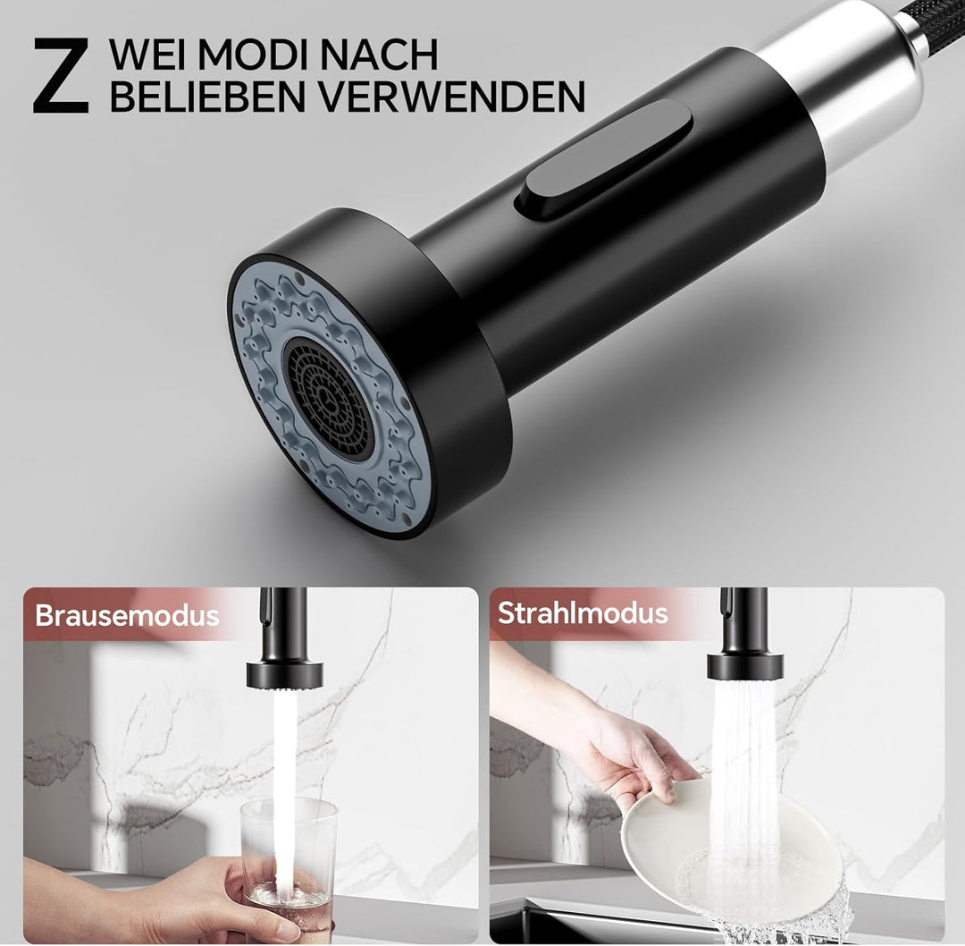 Spiralfeder Wasserhahn Ausziehbar, Hochdruck Küchenarmatur mit Brause, mit 2 Strahlarten, 360° Drehb