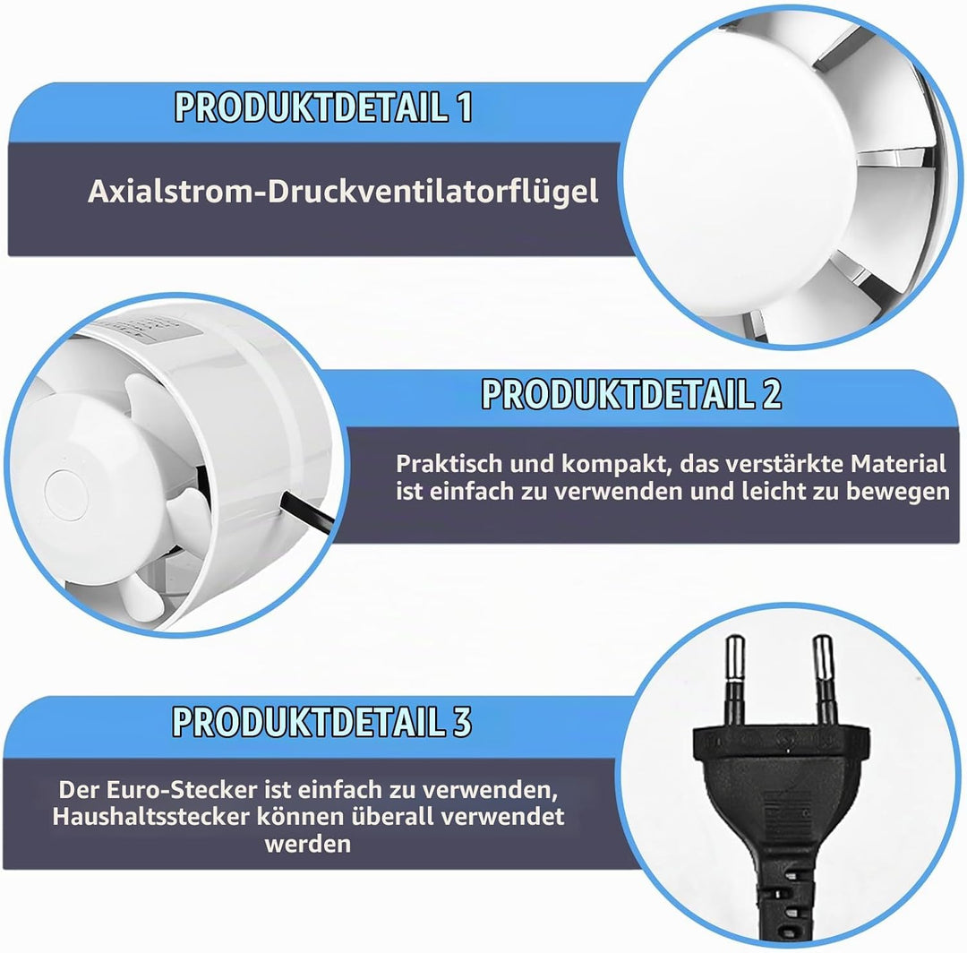 Kanal Rohrventilator 100mm Abluftventilator Rohrlüfter, Kanalventilator Badlüfter mit Kabel mit Scha