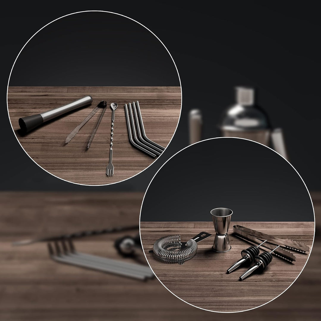 Cocktail Shaker Set + Rezeptbuch: Premium Edelstahl Bar Cocktailset Cocktailshaker Messbecher Strohh