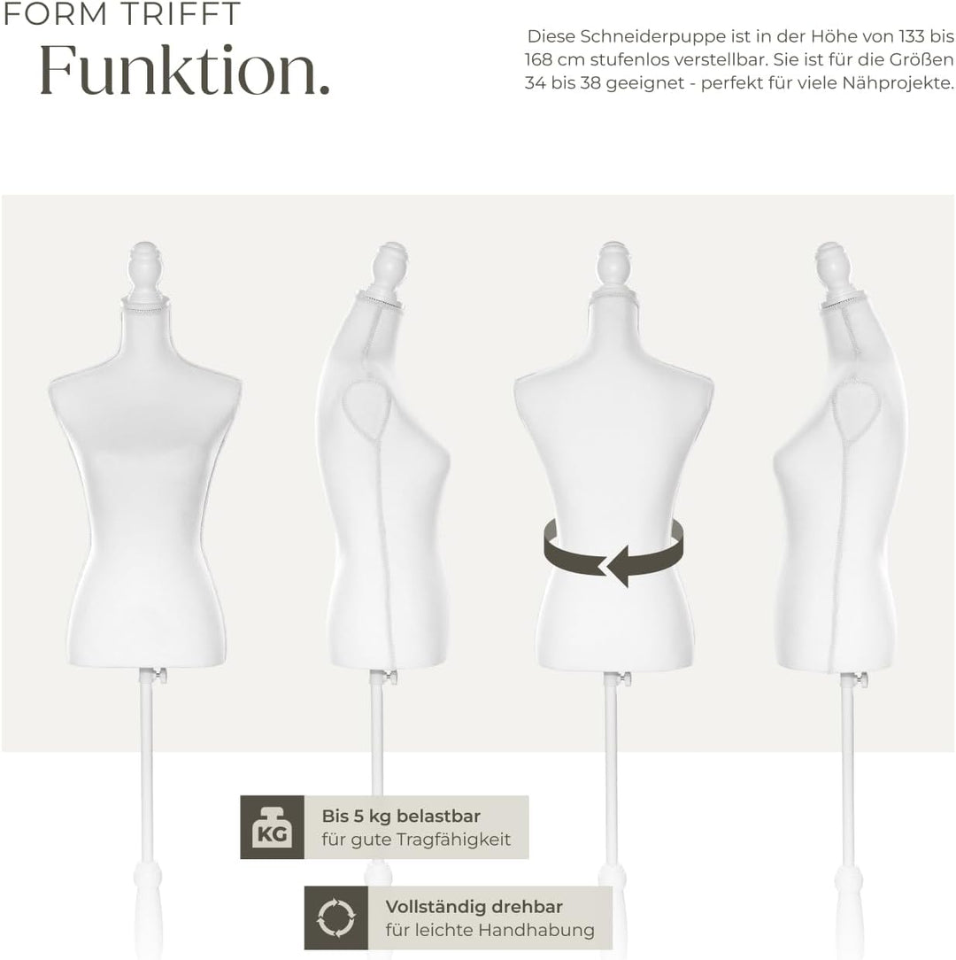 TecTake Damenbüste Schneiderpuppe Büste Torso mit Holzstandfuss | Höhenverstellbar: 133 – 168 cm - D