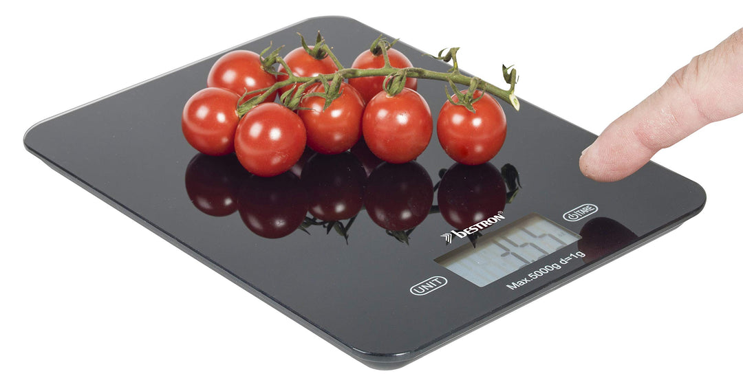 Bestron AKS710Z Digitale Küchenwaage mit LCD-Anzeige, Tragkraft 5 kg, Präzision auf 1 g, Glas, Schwa