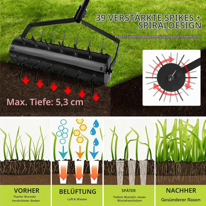 Rasenbelüfter Manuell Rollender Aerifizierer 44 x 141cm Handvertikutierer mit 39 Nägeln (5,8cm) und
