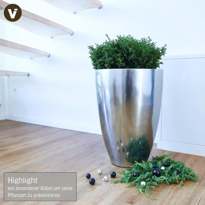VIVANNO Pflanzkübel Pflanzgefäss Blumenkübel Fiberglas Silber Metallic OPALA (55x40), Silber Metalli