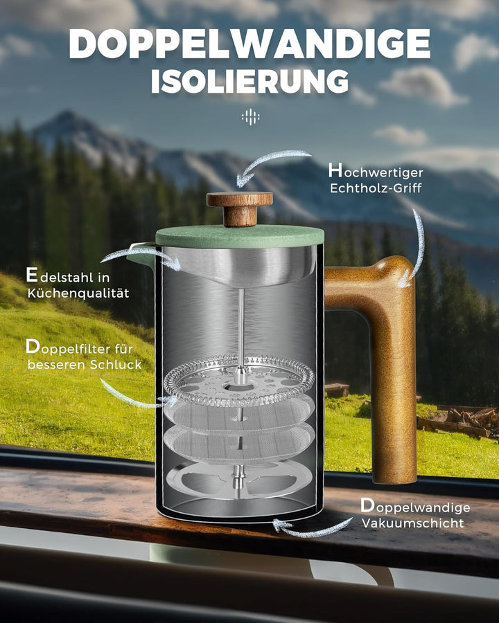 Poliviar French Press Kaffeebereiter 600 ml/21oz, Doppelwandige Isolierte Kaffeekanne und Teebereite