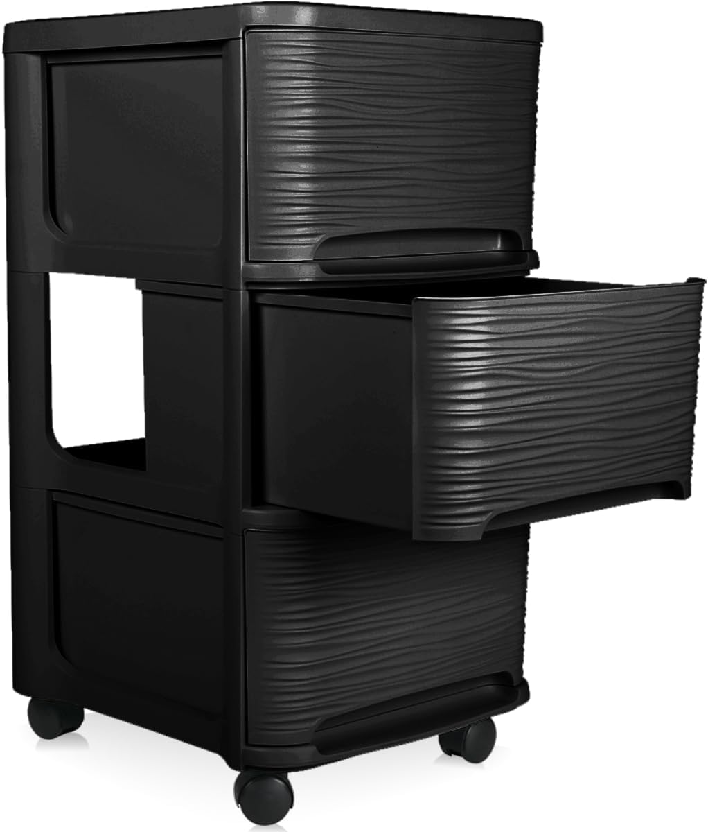 Schubladenschrank mit Rollen Rollcontainer mit 3 Schubladen Rollschrank Kunststoff Rollwagen (Schwar