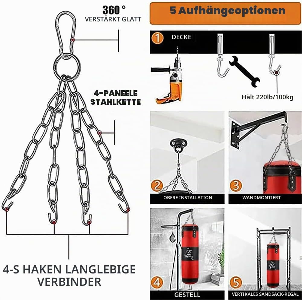 Boxsack Hängend, 15-in-1 Heavy Duty Boxsack, PU-Material Mit dickerer Kette kann 360° gedreht werden