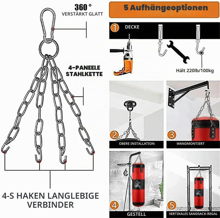Boxsack Hängend, 15-in-1 Heavy Duty Boxsack, PU-Material Mit dickerer Kette kann 360° gedreht werden
