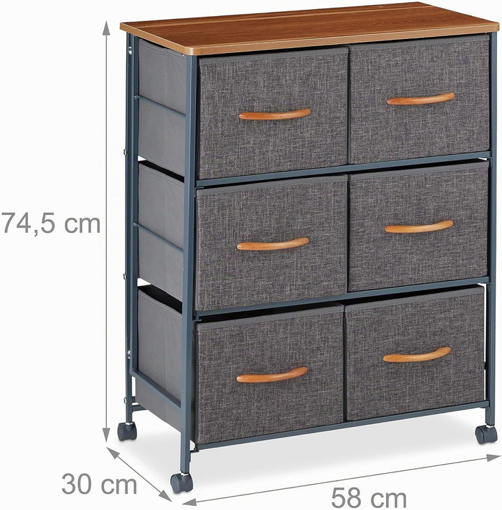 Relaxdays Schubladenschrank mit Rollen, 6 Stoff Schubladen, Deko Stoffschrank, Holzoptik, HBT 74,5 x