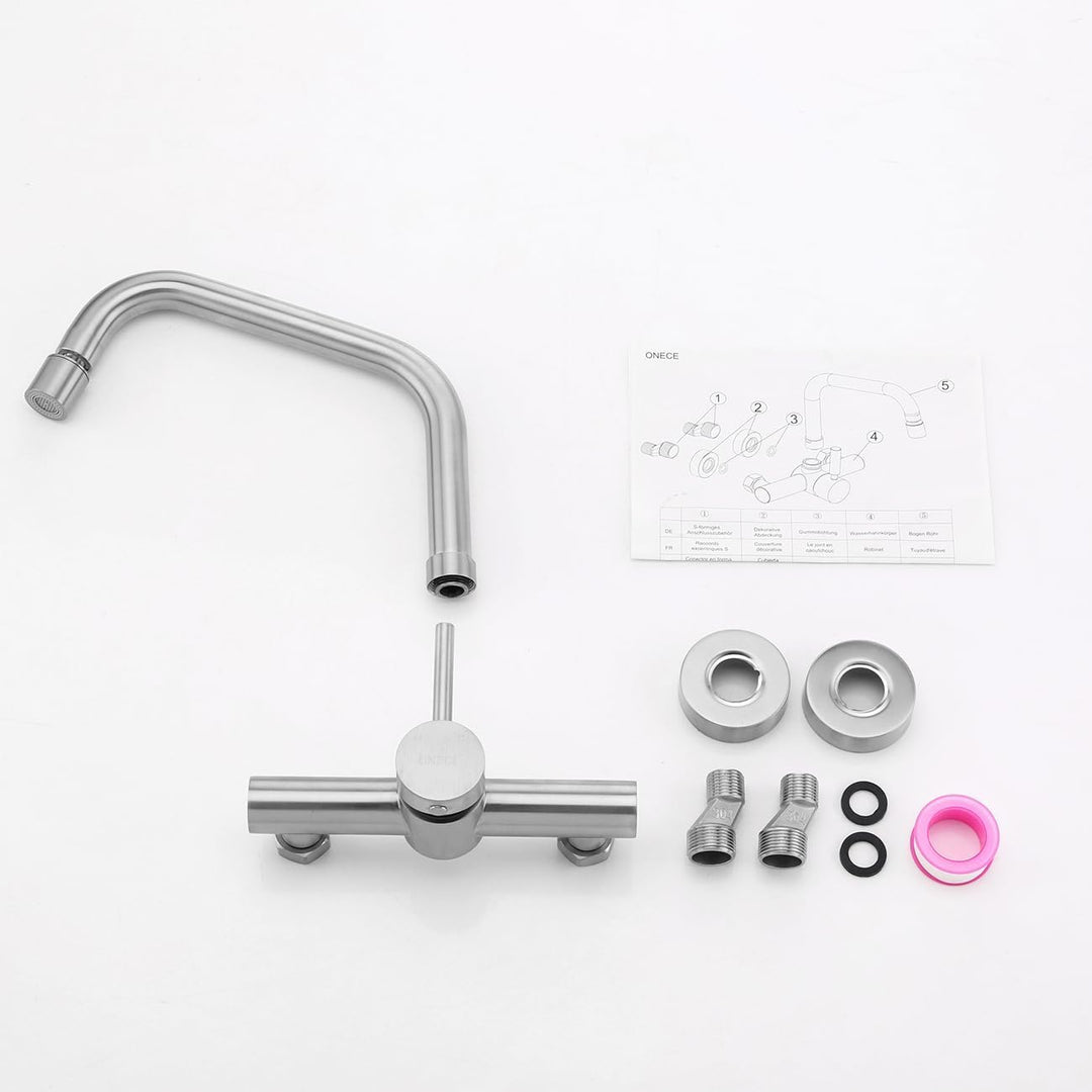 ONECE Wandmontage Wasserhahn Küche mit 2 Strahlarten, Küchenarmatur Wand Mischbatterie mit 360° dreh