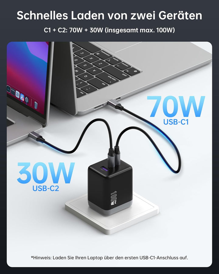 NOVOO 100W USB C Ladegerät GaN Ⅲ 3-Port USB C Netzteil Schnellladegerät PD MacBook Charger mit Ladek