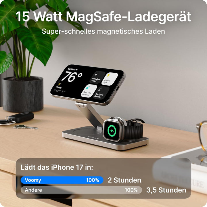 Voomy 3-in-1 Induktive Ladestation Kompatibel mit Magsafe Ladegerät, iPhone, AirPods & Apple Watch,