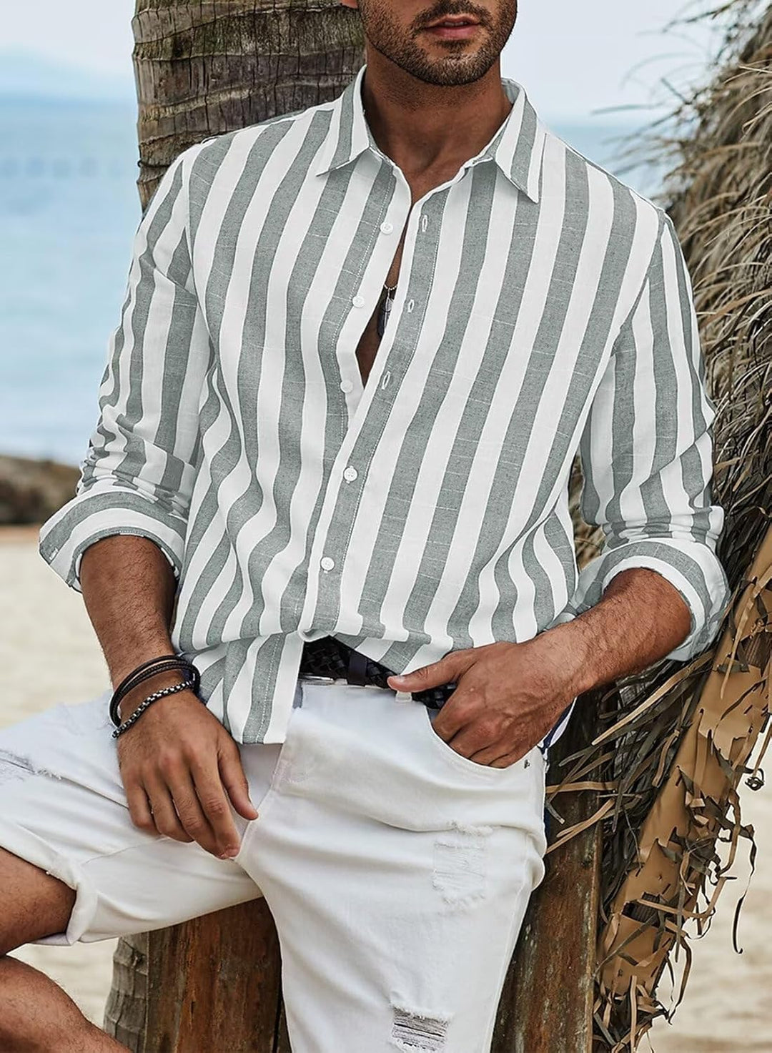 Meilicloth Herren Hemd Langarm Sommer Gestreifte Freizeithemden Casual mit Knöpfen Regular Fit XL B