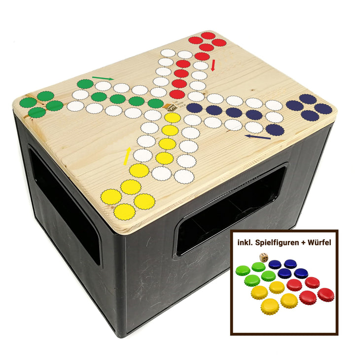 Bierkastensitz Raus mit dir inkl. Spielfiguren und Würfel als Geschenkidee, Sitzauflage aus Holz für