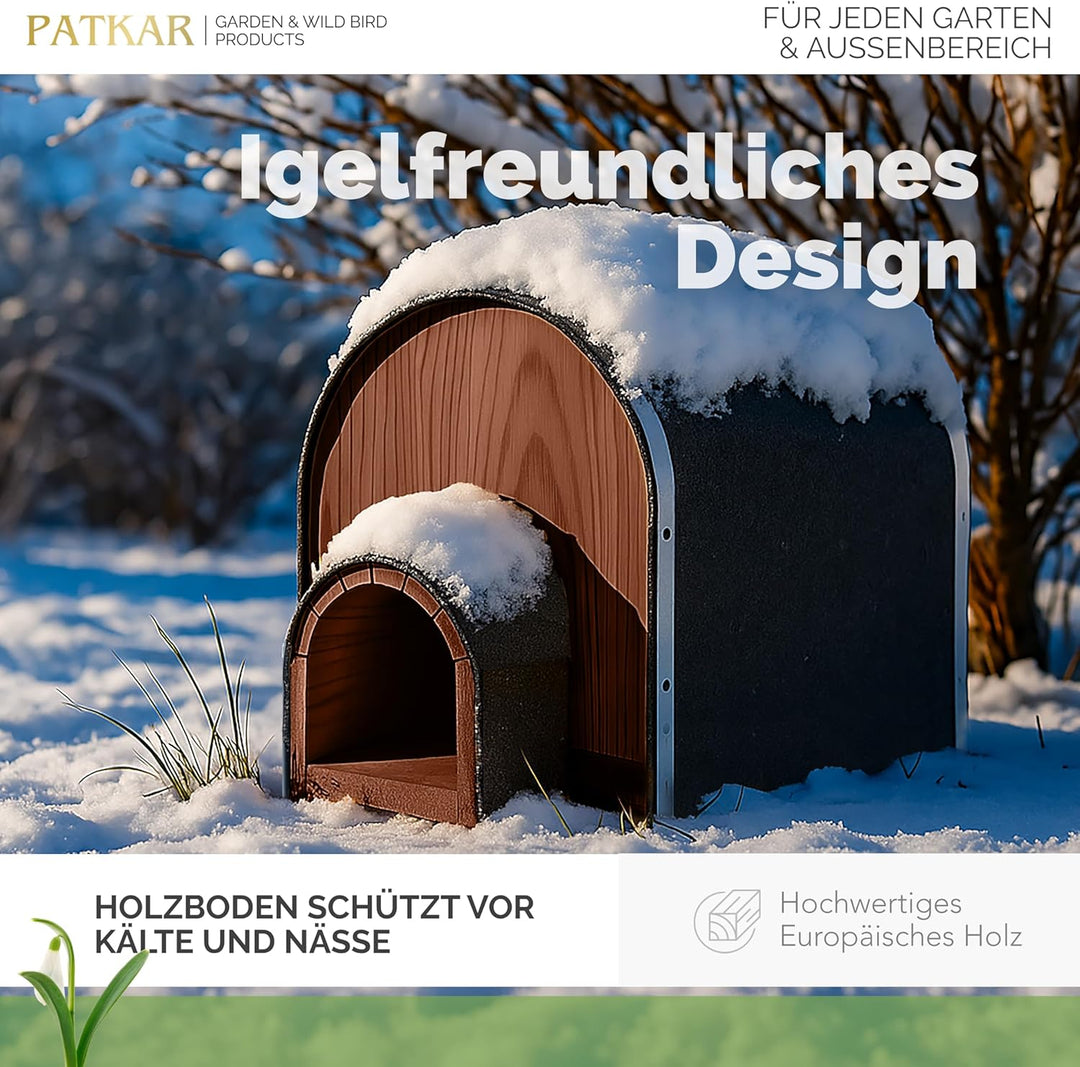 PATKAR Igelhaus Winterfest mit Boden [SCHÜTZT VOR FRESSFEINDEN] - Premium Igelfutterhaus (Made in Eu