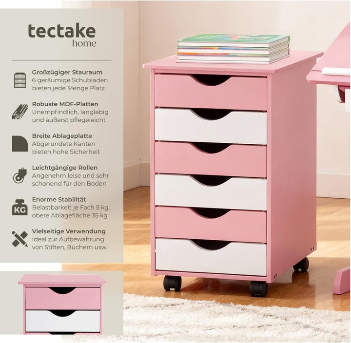 TecTake 800055 Rollcontainer mit Rollen und 6 Schubladen - diverse Farben - (Pink | Nr. 400924), Pin
