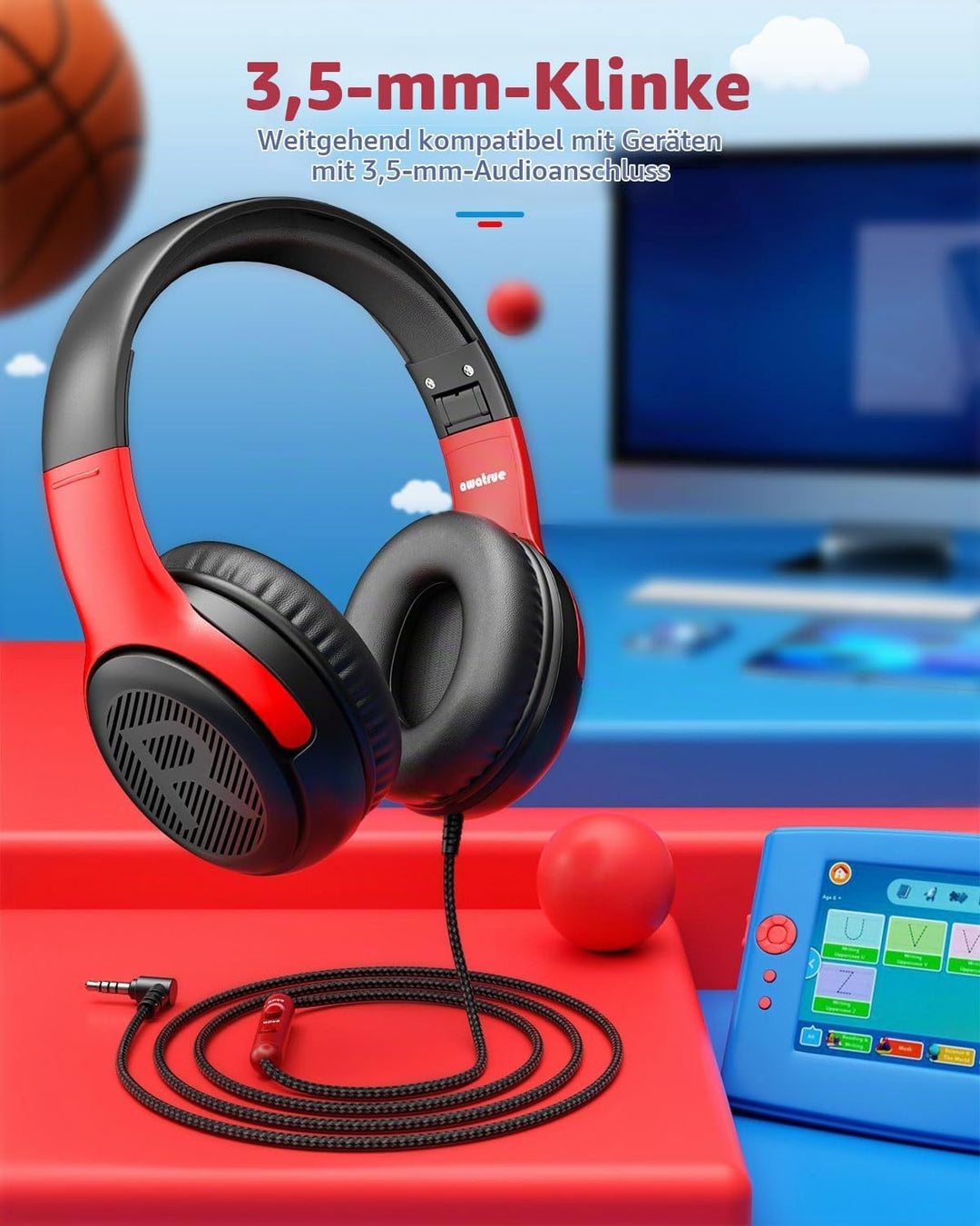 awatrue Kinder Kopfhörer, Kinderkopfhörer mit Kabel, Over Ear Kopfhörer Kinder für Schule/Reisen/PC/