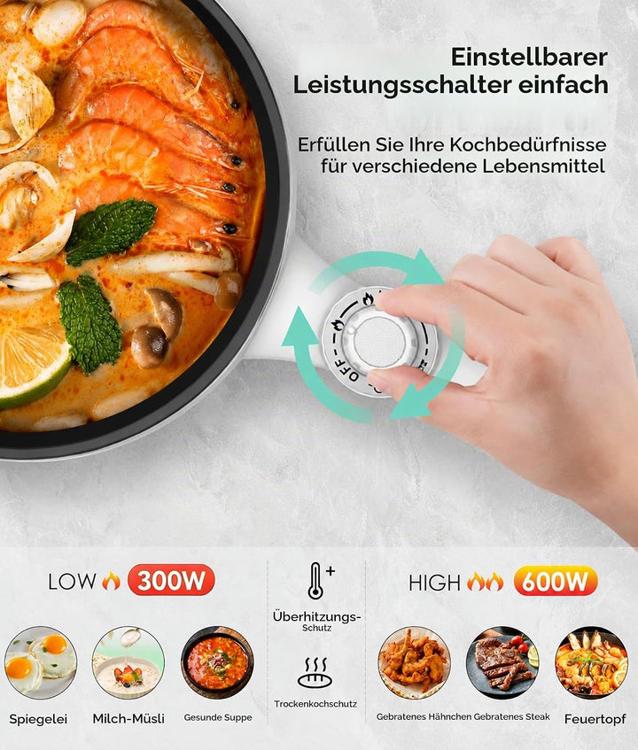 Audecook Elektrischer Topf mit Dampfgarer, 1.7L Mini Elektrische Bratpfanne für Wohnheim Antihaftbes