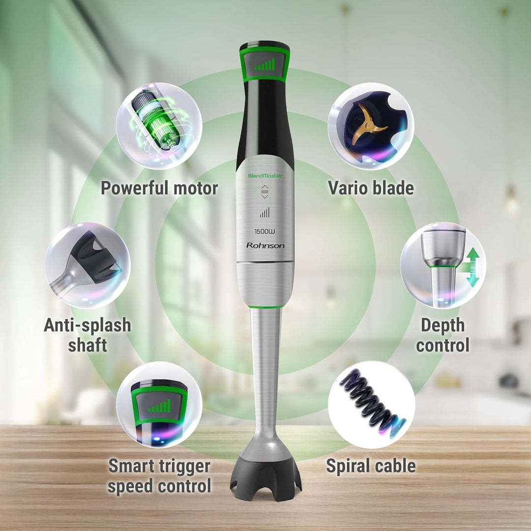 Rohnson BlendMaster R-5750 Stabmixer mit 1500 W, Vario-Blade-Technologie und Tiefenregelung, inklusi