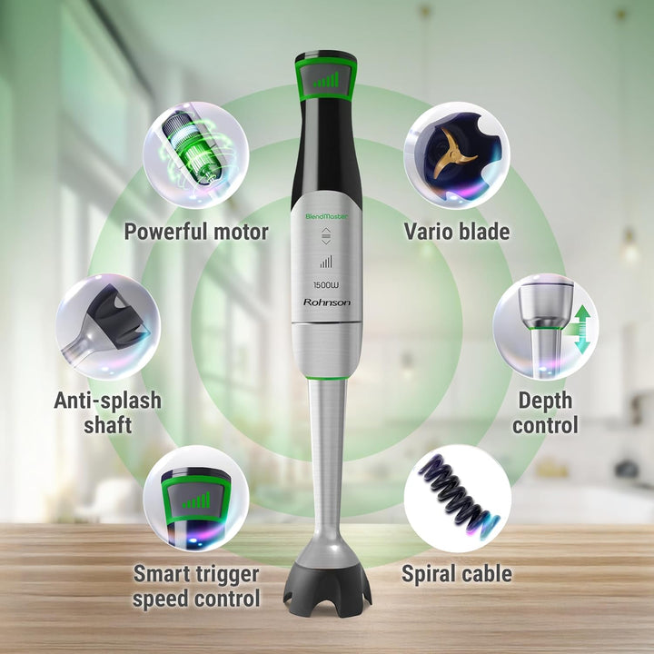 Rohnson BlendMaster R-5750 Stabmixer mit 1500 W, Vario-Blade-Technologie und Tiefenregelung, inklusi