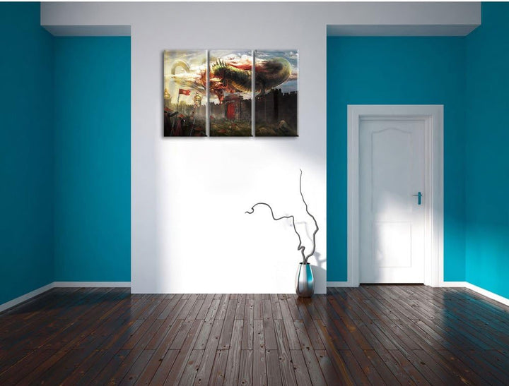 Pixxprint Drache über der Festung als Leinwandbild | Grösse: 3 Teilig (120x80) | Wandbild| Kunstdruc