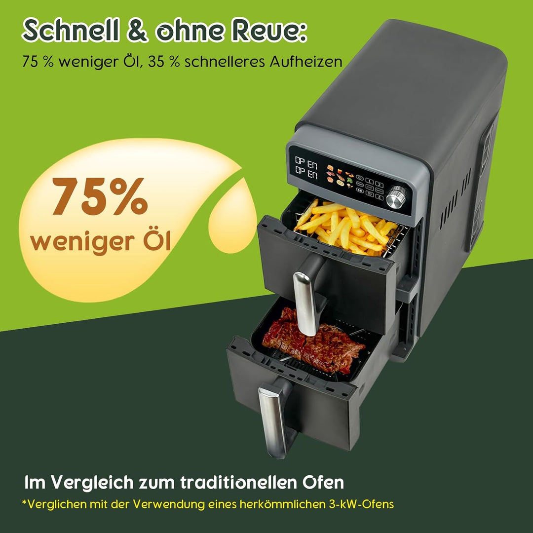 10L Double Stack XL airfryer Heissluftfritteuse | 2400W heissluftfritteuse 2 kammern | Gleichmässige