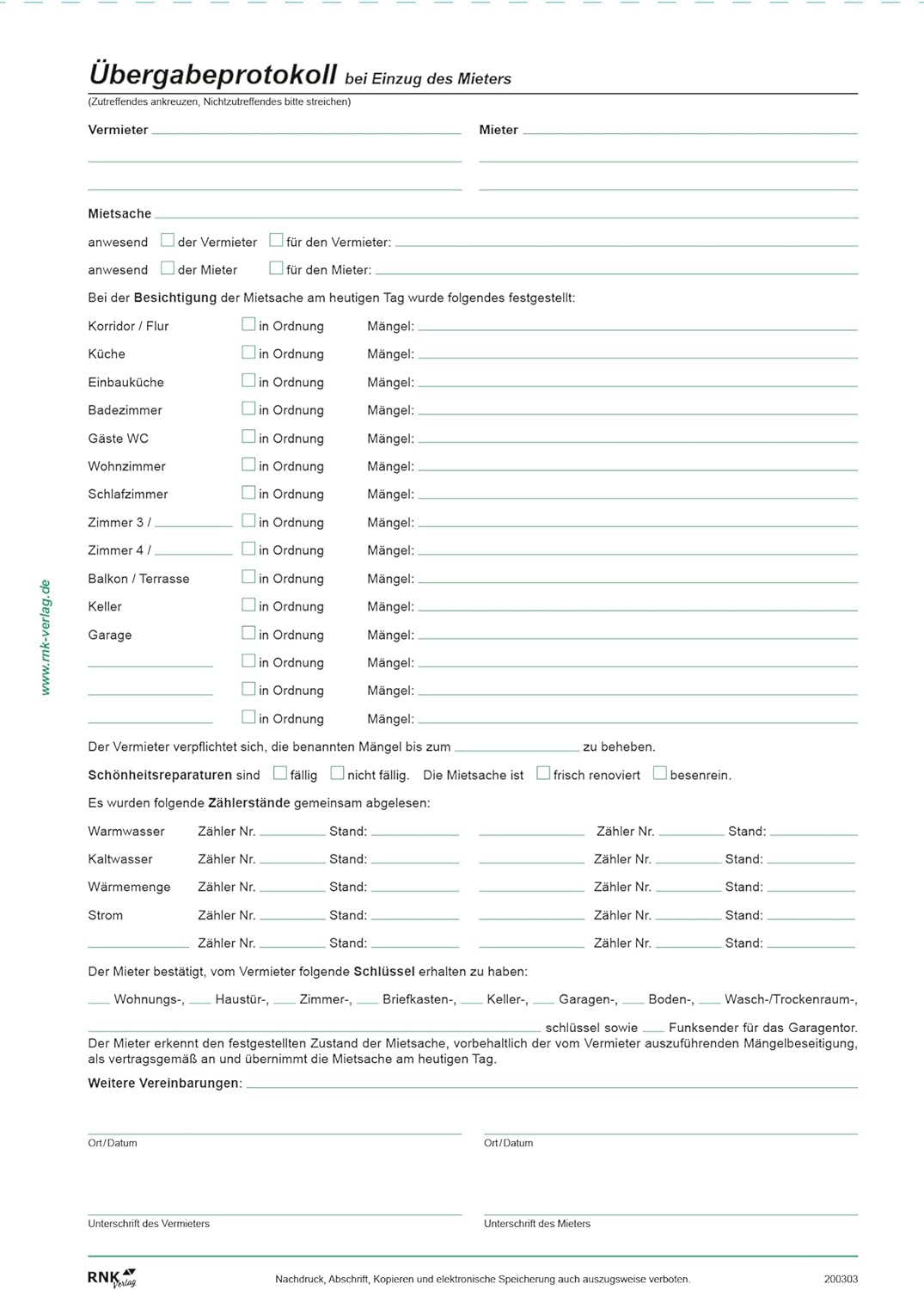 RNK 524/10 - Universal-Mietvertrag für Wohnungen - SD, mit Übergabeprotokoll, 4 x 2 Blatt, DIN A4, m