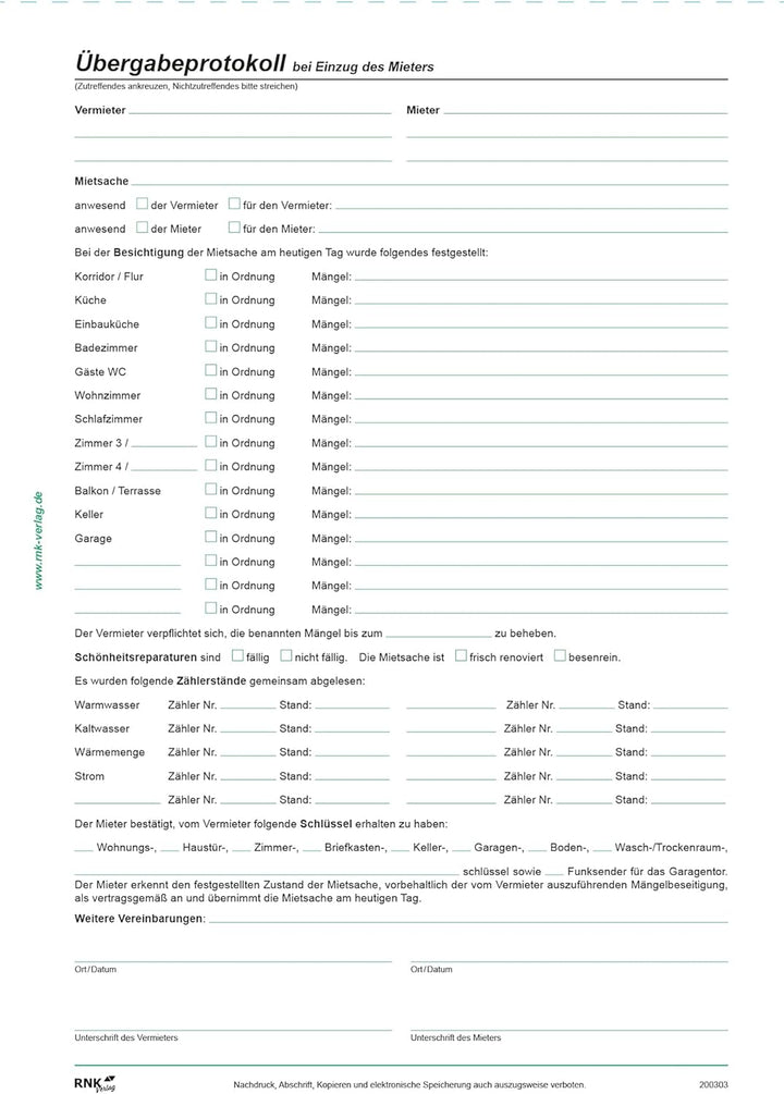 RNK 524/10 - Universal-Mietvertrag für Wohnungen - SD, mit Übergabeprotokoll, 4 x 2 Blatt, DIN A4, m