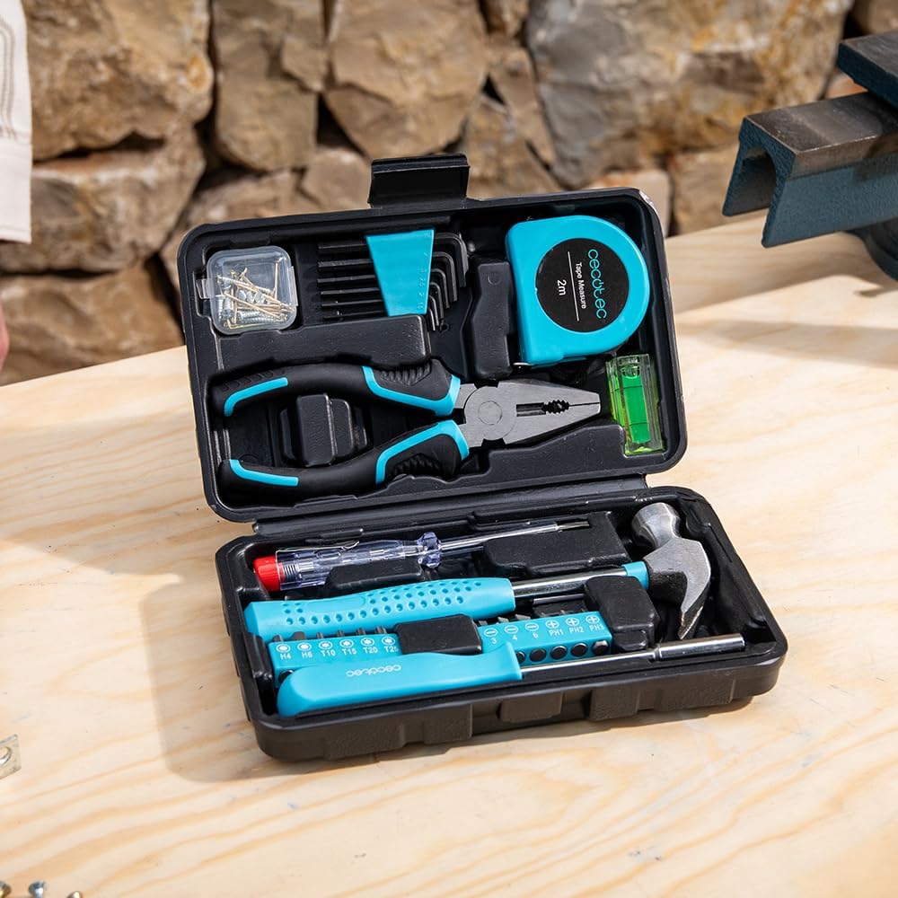 Cecotec Werkzeugbox ToolBox EasyGo. Mini-Set mit Hammer, Massband, Zange, Wasserwaage, Fein-Schraube