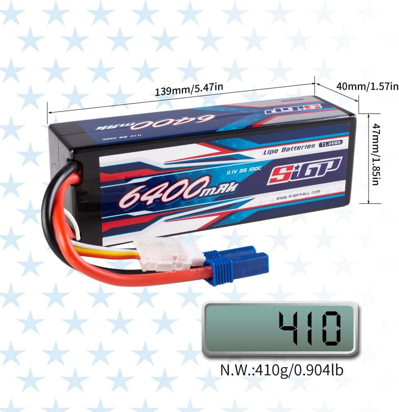 SIGP 3S 11.1V Lipo Battery 6400mAh 100C Hard Case with Deans EC5 Plug for RC Car Truck Boat Vehicles