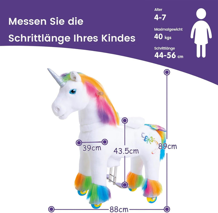 PonyCycle Einhorn Reitpferd, für Kinder 4–7 Jahre, 89cm Hoch, Pferd mit Rollen mit Handbremse, Einho