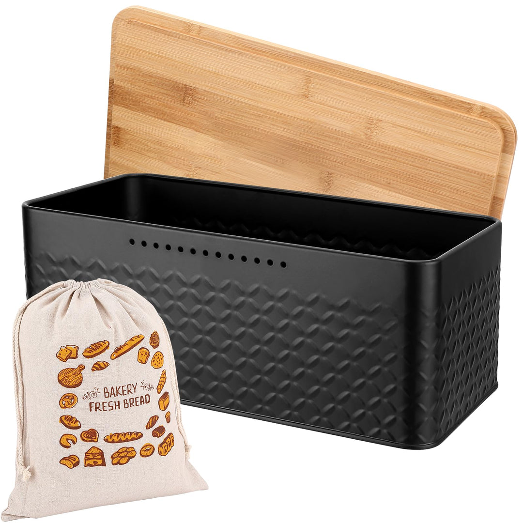 Royouzi Brotkasten mit Schneidebrett, 33x21x15cm, Dank Carbonbeschichtung Matte Brotbox mit Holzdeck